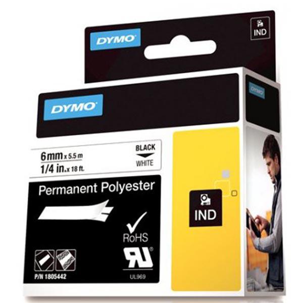 DYMO Rhino Professional, pysyvä merkkausteippi, polyesteritarra, 6mm, musta teksti valkoisella teipillä, 5,5m