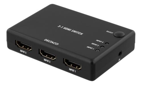 DELTACO HDMI-kytkin, 3 sisääntuloa ja 1 ulostulo, tukee resoluutiota 4096 x 2160 taajuudella 60 Hz, 7.1-ääni, Ultra HD, musta