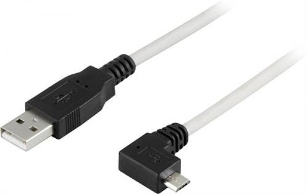 DELTACO USB 2.0 kaapeli A uros - kulma oikealle Micro B uros, 5-pin, 2m, harmaa/musta
