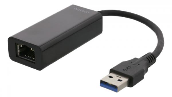 DELTACO USB 3.0 verkkosovitin, jossa sisäinen flash-muisti, Gigabit, 1xRJ45, 1xUSB3.0 Tyyppi A ur, musta
