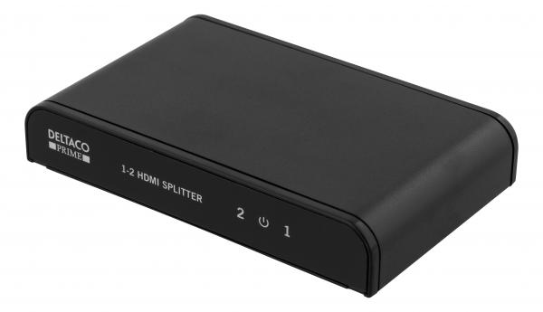 DELTACO PRIME HDMI-jakaja, 1 sisääntulo ja 2 ulostuloa, HDMI 2.0, 4K, Ultra HD, 3D, HDCP 2.2, musta