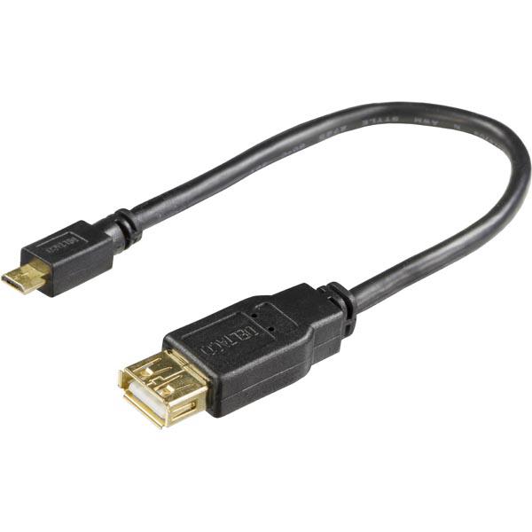 DELTACO USB-adapteri Tyyppi A na - Tyyppi Micro B ur, OTG, kullatut kontaktit, johtimet puhdasta kuparia, 0,2m, musta