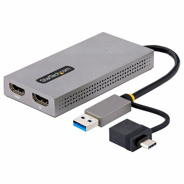 USB-kaksois HDMI-sovitin, USB A/C - 2x HDMI-näyttö (1x 4K30Hz, 1x 1080p), integroitu USB-A-C-sovitin, 4 tuumaa/11 cm kaapeli, USB 3.0 - HDMI -näyttösovitin, Windows ja macOS