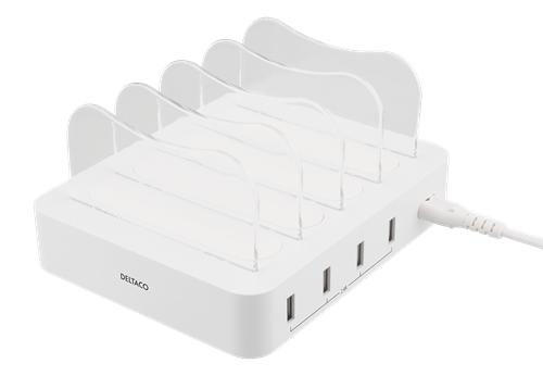 DELTACO USB latausasema, 4 USB A porttia, 5 V DC, 6,8 A, 34 DELTACO seinälaturi, 230V 5V USB, 4,8A, 4xUSB, valkoinen