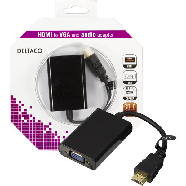 DELTACO HDMI - VGA-sovitin, 19-pin ur - 15-pin+3,5mm, 0,2m, musta