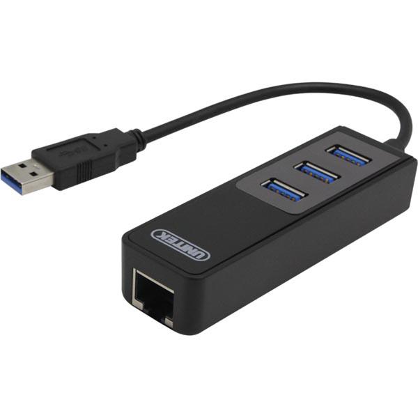DELTACO USB 3.0 -verkkosovitin, 10/100/1000 Mbps, 1 x RJ45, 1 x USB 3.0 Type A uros, 3 x USB 3.0 Type A naaras, musta