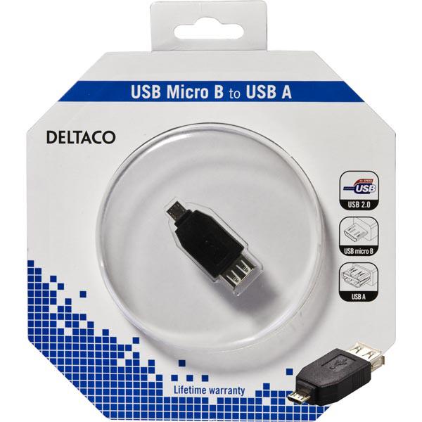 DELTACO USB-sovitin Tyyppi A-naaras - Tyyppi Micro B uros, musta