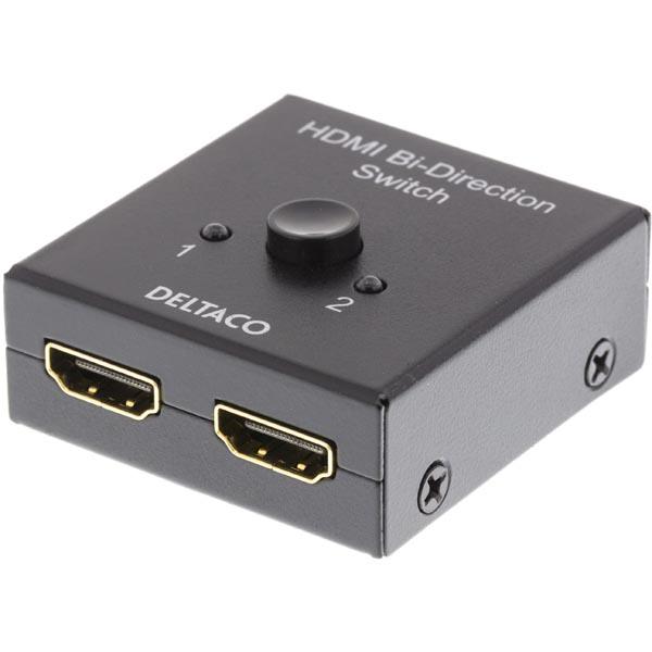 DELTACO PRIME Manuaalinen kaksisuuntainen HDMI-kytkin, 2 sisääntuloa 1 ulostulolle tai päinvastoin, HDMI High Speed with Ethernet,4K, Ultra HD, musta
