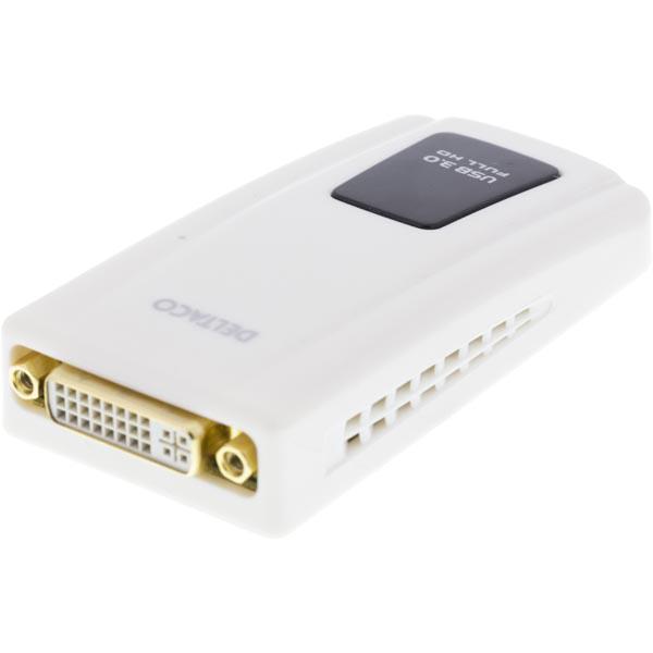 DELTACO PRIME sovitin USB 3.0 - DVI/HDMI/VGA, toimii ylimääräisenä näytönohjaimena, DVI-I Dual Link naaras, USB 3.0 Type Micro-B naaras, 2048 x 1152, valkoinen