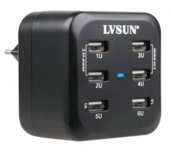 LVSUN USB Charger 6-port, 36W/7.2A Wall-mount, Black