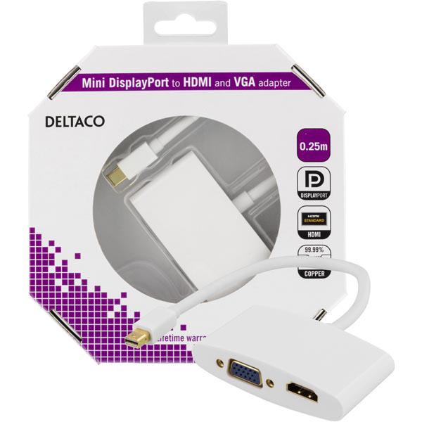 DELTACO mini DisplayPort - HDMI ja VGA-sovitin, 0,25m, musta