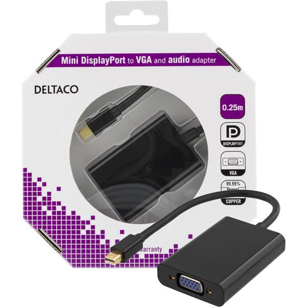 DELTACO mini DisplayPort - VGA-sovitin, jossa ääni, 0,25m, musta