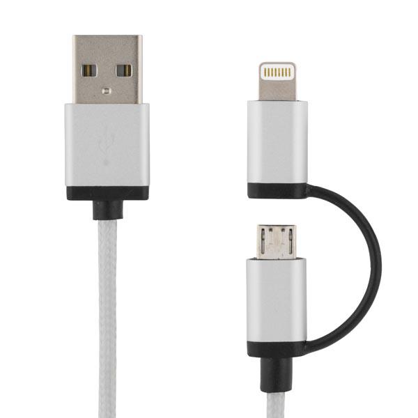DELTACO PRIME USB-kaapeli, USB Micro B ja lightning, MFi, 1m, hopea