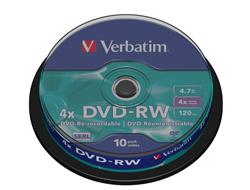 1x10 Verbatim DVD-RW 4,7GB 4x Speed, matte silver Cakebox