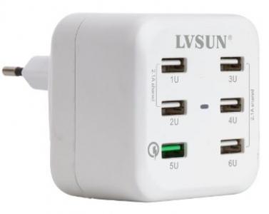 LVSUN USB Quick Charger 6-port, 34.5W Wall-type, White