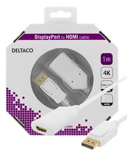 DELTACO DisplayPort 1.2 - HDMI-kaapeli 2.0a, aktiivinen, tukee 4K-resoluutiota 60 Hz taajuudella, HDCP, 3D, 1m, valkoinen