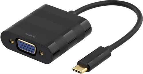 DELTACO USB 3.1 - VGA sovitin, USB typ C uros - VGA naaras, 1080P, kullatut liittimet, musta