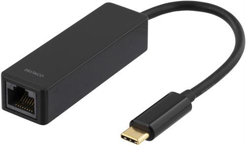 DELTACO USB 3.1 verkkosovitin, Gigabit, 1xRJ45, USB-C uros, musta