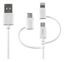 DELTACO USB C/Micro USB/Lightning-sync/-charge cable, MFi, 1m, white