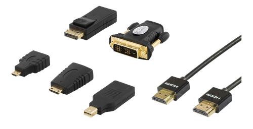 DELTACO HDMI-/DisplayPort-/DVI-sovitinsarja, sisältää 2 m HDMI-kaapelin, Ultra HD, 4K, musta