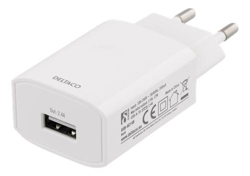 DELTACO seinälaturi 230 V - 5 V USB, 2,4A, 12 W, 1 USB-A-portti, valkoinen, AC Charger