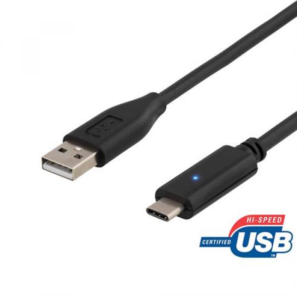 DELTACO USB 2.0 kaapeli, typ C - typ A uros, 1m, musta