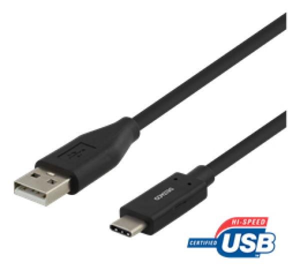 DELTACO USB-C - USB-A-kaapeli, 1 m, 3 A, USB 2.0, musta