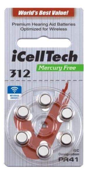 iCellTech 312 PR41 Zinc-Air nappiparistot kuulolaitteisiin/kuulokojeisiin, elohopea-vapaa, 1,45V, 6-pakkaus