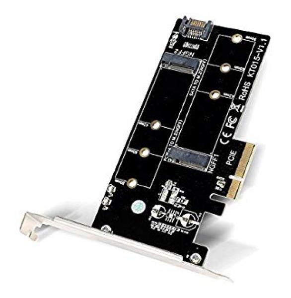 KT015 PCIe-sovitin SSD-levyä varten, 2 x M.2 SATA, PCIe X4 ja S-ATA, musta piirilevy, M.2 PCIE Card