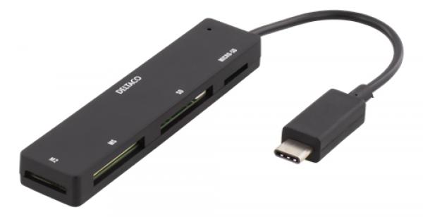 DELTACO USB 2.0 -muistikortinlukija, 4 korttipaikkaa, USB-C, tuetut korttityypit SD, Micro-SD, M2 ja MemoryStick, musta
