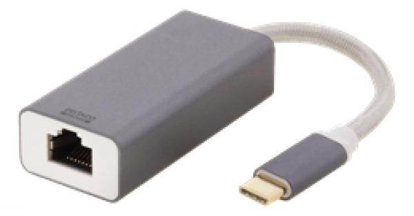DELTACO USB-C-verkkosovitin, Gigabit, 1 x RJ45, 1 x USB-C uros, alumiinia, tähtiharmaa