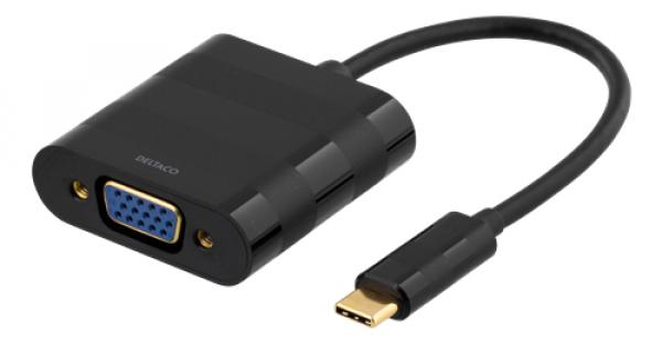 DELTACO sovitin USB 3.1 - VGA, USB Type C uros - VGA naaras, 1080p, kullatut liittimet, musta
