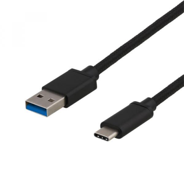 DELTACO USB 3.1 Gen 1 -kaapeli, kangaspäällysteinen, USB-C uros - USB-A uros, 1m, 3A, 60W, musta