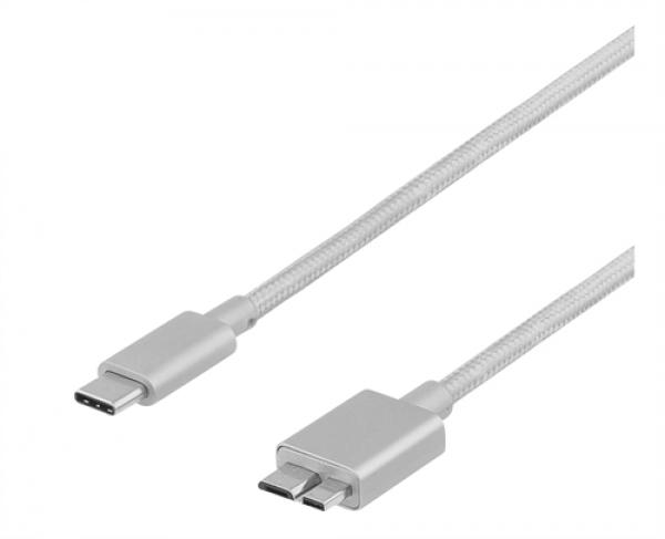 DELTACO PRIME USB 3.1 -kaapeli, Gen 1, kangaspäällysteinen, Type C - Type Micro-B, 1m, hopea