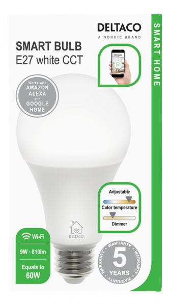 DELTACO SMART HOME LED-älylamppu, E27, Wi-Fi, 2,4 GHz, 9 W, 810 lm, himmennettävä, 2700 - 6500 K, 220 - 240 V, valkoinen