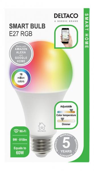 DELTACO SMART HOME RGB-älylamppu, E27, Wi-Fi, 2,4 GHz, 9 W, 810 lm, himmennettävä, 16 miljoonaa väriä, 220 - 240 V, valkoinen
