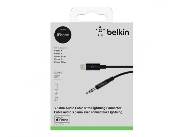 Belkin - Lightning to headphone jack -kaapeli - Lightning / audio - Lightning (uros) to stereo mini jack (uros) - 91.4 cm - musta malleihin Apple iPad/iPhone/iPod (Lightning)