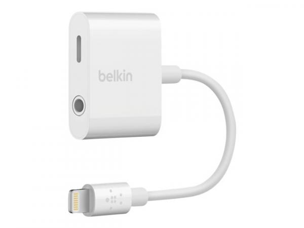 Belkin 3.5 mm Audio + Charge RockStar - Lightning to headphone jack / lataussovitin - Lightning / audio - Lightning (uros) to 4-pole mini jack, Lightning (naaras) - valkoinen malleihin Apple iPad/iPhone (Lightning)