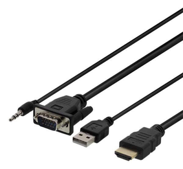 DELTACO VGA with audio to HDMI cable, VGA / HDMI / USB / 3.5mm, 1920x1080 at 60Hz, 1m, black