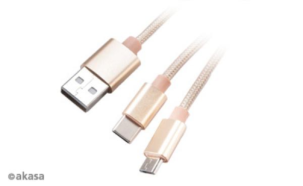 Akasa 2 in 1 USB 2.0 Type A Micro-B ja Type C - 1m