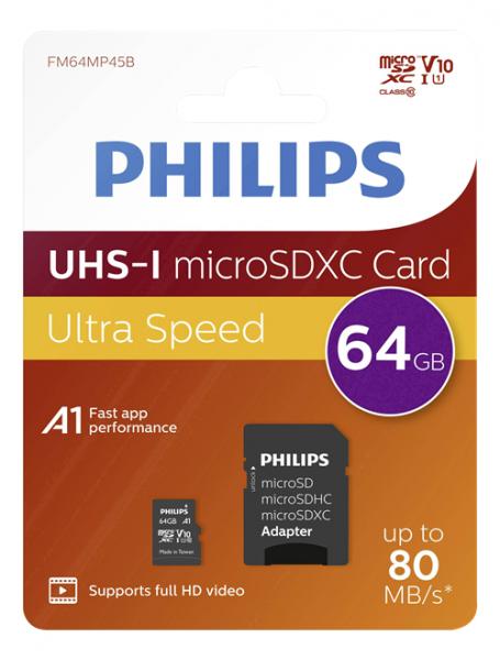 Philips microSD muistikortti, 64GB, Class 10 UHS-I U1