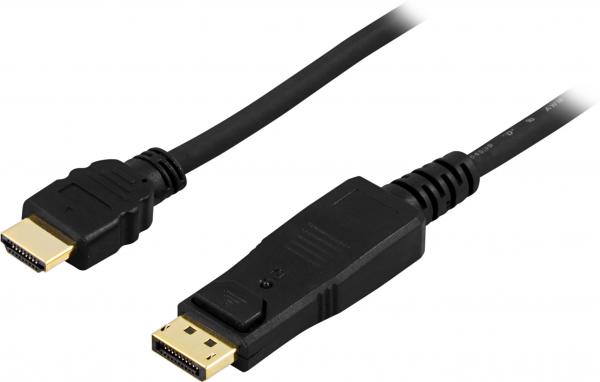 DELTACO DisplayPort - HDMI monitorikaapeli 2m, ääni mukana, 20-pin uros - 19-pin uros, kullatut liittimet, kuparijohtimet, musta