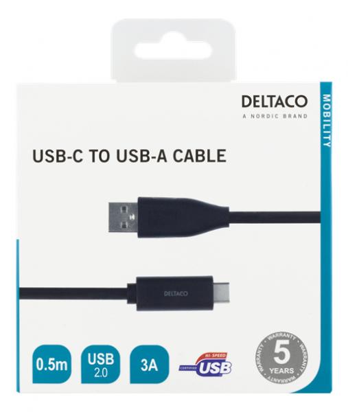 DELTACO USB-C - USB-A-kaapeli, 0,5 m, 3 A, USB 2.0, musta
