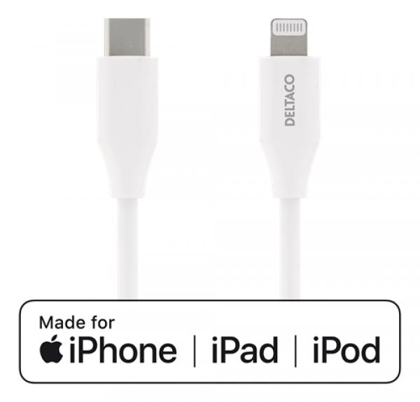 DELTACO USB-C - Lightning-kaapeli, 0,25 m, 9 V / 2 A PD, 5 V / 3 A PD, 5 V / 2,4 A, USB 2.0, valkoinen