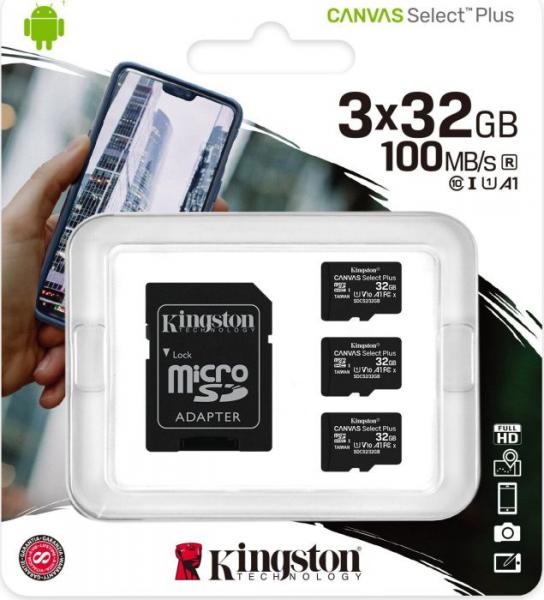 Kingston CanvSelect Plus 32GB microSDHC, 3-pack + 1 ADP