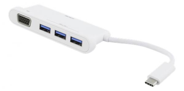 DELTACO USB-C-hubi, 1 x VGA, 3 x USB-A 3.1, Full HD taajuudella 60 Hz, virtamäärä yhteensä 0,9 A, muovipussi, 0,1 m kaapeli, valkoinen