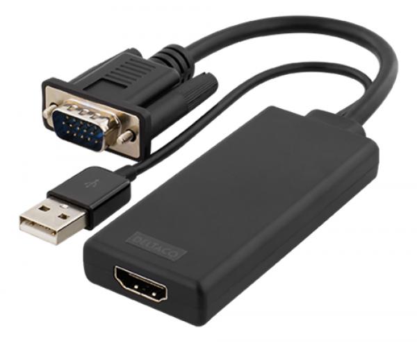 DELTACO VGA - HDMI-sovitin, ääni USB-väylän kautta, 1080p, 1 x VGA uros, 1 x HDMI naaras, 1 x USB Type A uros, musta