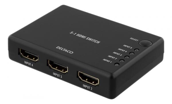 DELTACO HDMI-kytkin, 5 sisääntuloa ja 1 ulostulo, tukee 4K:ta taajuudella 60 Hz, 7.1-tilaääni, Ultra HD, musta