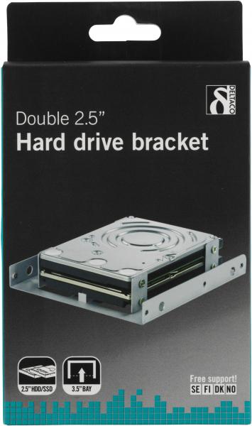 Asennuskehikko 2x2.5" kiintolevyjen/SSD-levyjen asentamiseen yhteen 3.5"-levypaikkaan, ruuvit mukana, metallia.