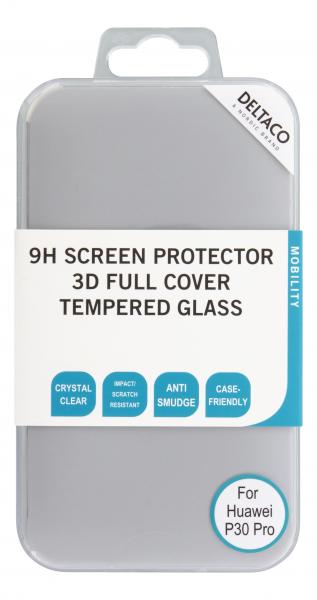DELTACO läpinäkyvä näytönsuoja Huawei P30 Prolle, 3D karkaistua lasia, kovuusaste 9H